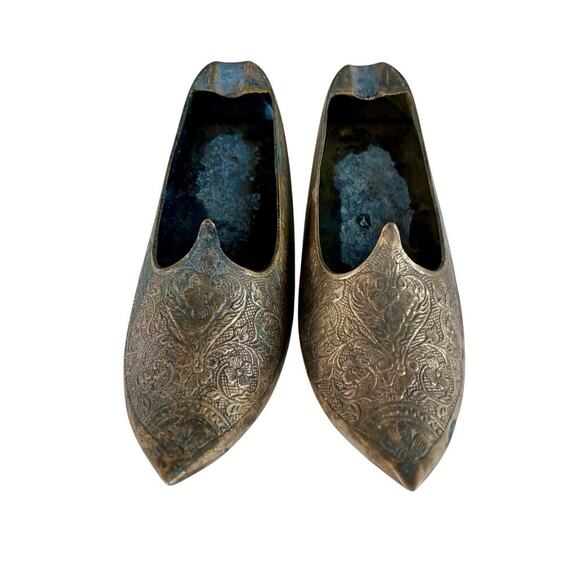 Vintage Brass Indian Khussa Slippers | Engraved Decorative Shoes | Incense Decor - Picture 2 of 3